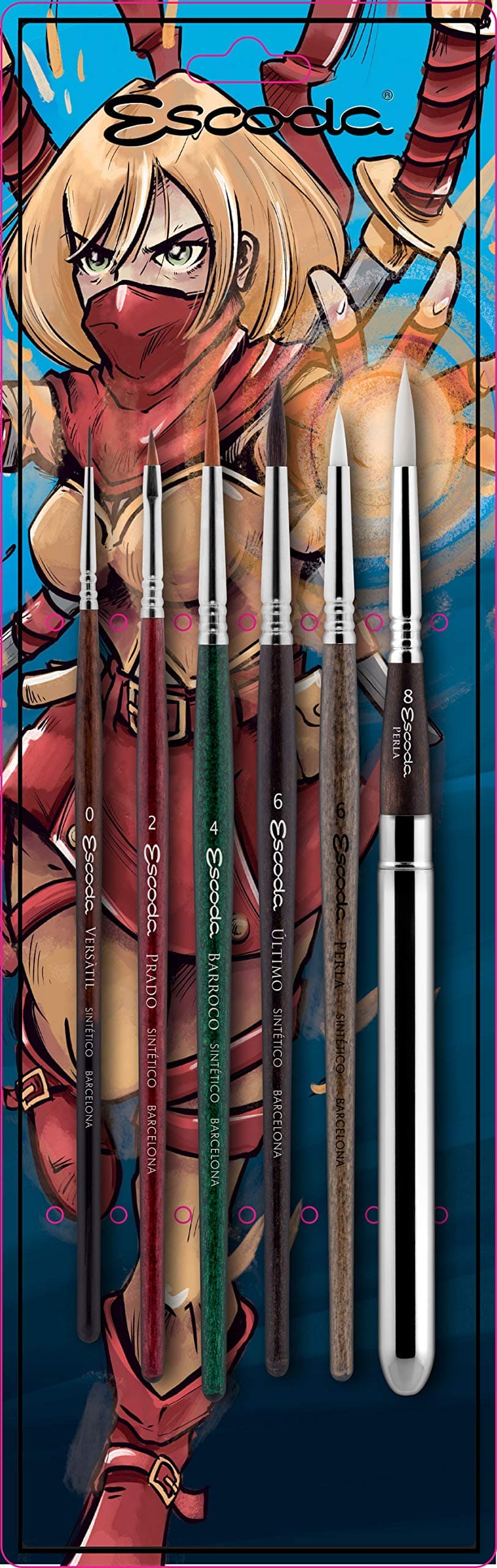 Escoda | Illustration and Comics Set with 6 Brushes | Size 0,2,4,6,6,8 | Synthetic | Kolinsky Synthetic + Tame + White Toray + Gold Toray + Tendo | Round Pointed + Bright + Round Pointed Short Length