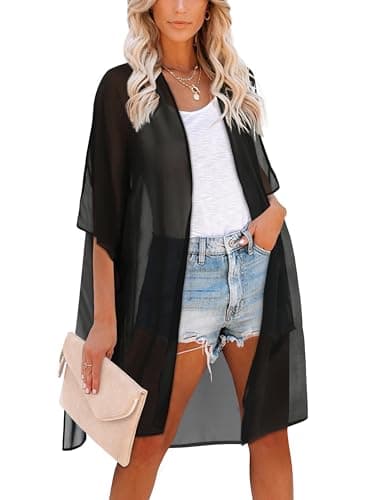 Kimonos for Women Bathing Suit Coverups Sheer Summer Beach Cardigans(01-Solid Black,3XL)