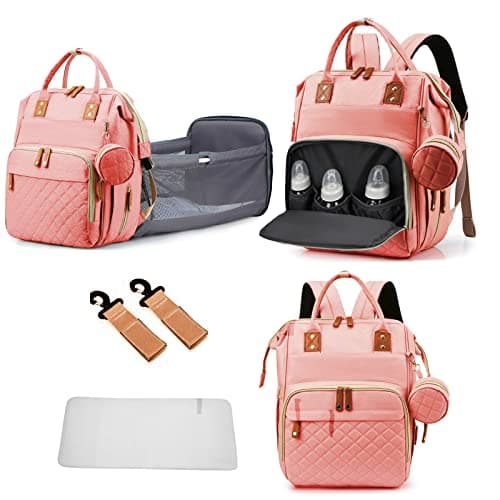 GurZinn Diaper Bag Backpack with Changing Station Portable 3 in 1 Multifunction Backpack Travel mommy bag Stroller Pink