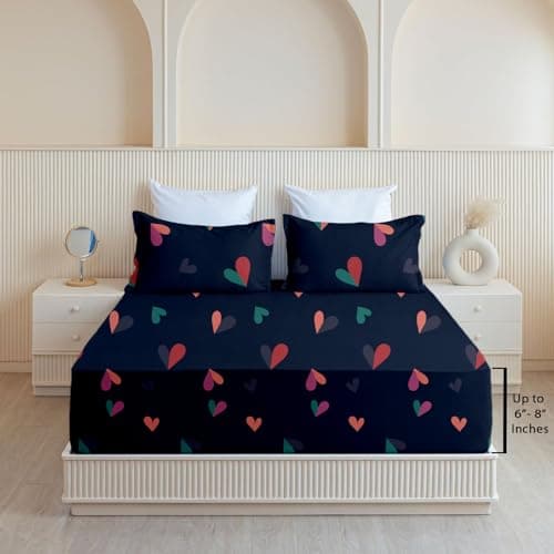 SLEEPINO - All Around Cotton Fitted Bedsheet Queen Size 60x78 Inches | 100% Cotton Queen Size Elastic Bedsheet with 2 Pillow Covers |Navy Blue Heart