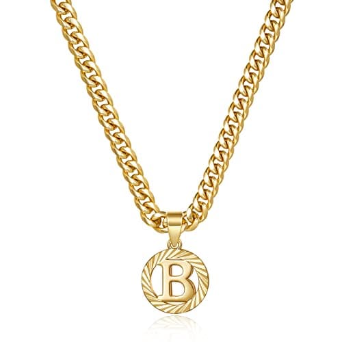 KissYan Gold Initial Necklace,14K Gold Plated Round Letter Pendant Hollow Capital Monogram 5mm Cuban Chain Necklace Alhpabets from A-Z Dainty Jewelry for Women Men(Gold B)