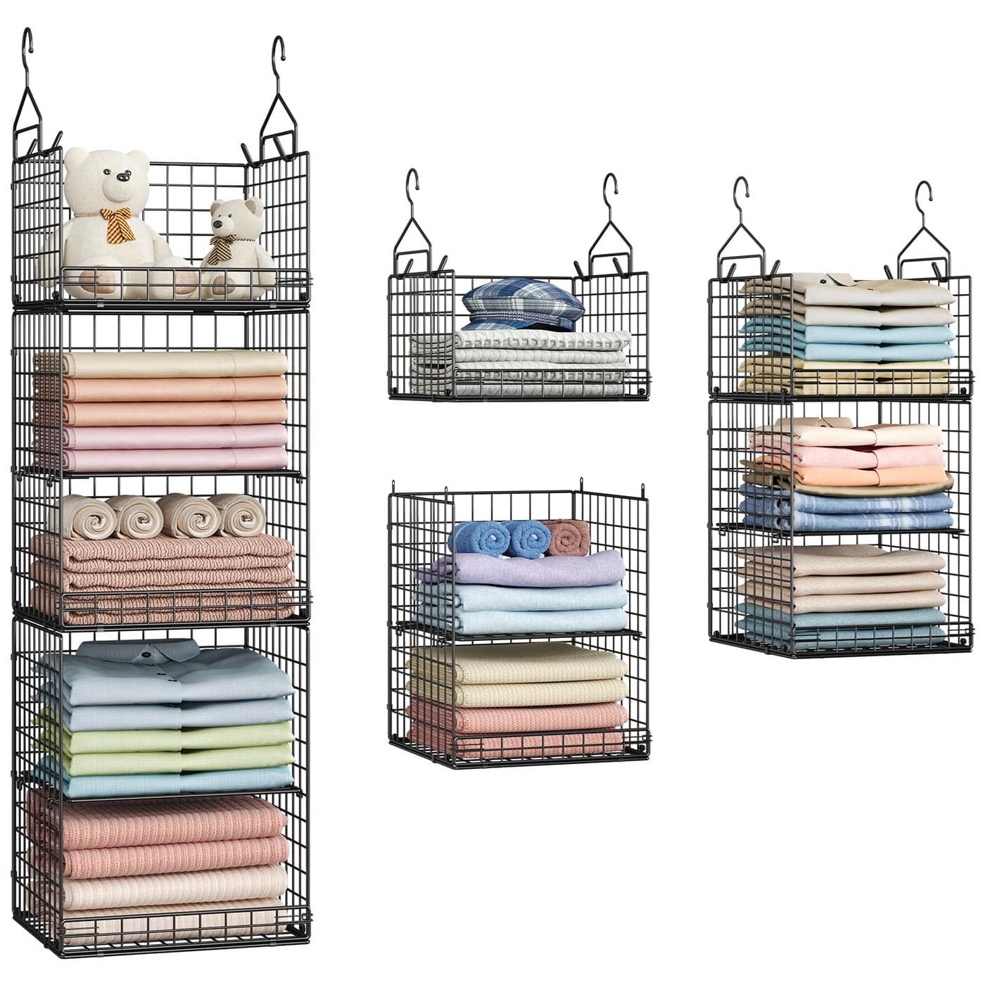 Yuyetuyo 5 Tier Closet Hanging Organizer and Storage Separable Hanging Closet Shelves with 4 Hooks 2 Adjustable Dividers Wire Storage Basket Bins for Clothing Sweaters Socks Dolls Handbags Foldable