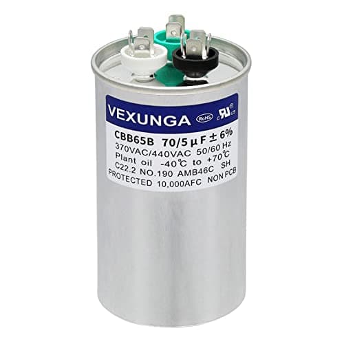 VEXUNGA 70/5 uF 70+5 MFD 370VAC or 440VAC Dual Run Start Round A/C Capacitor CBB65 CBB65B Air Conditioner Capacitors for AC Unit Fan Motor Start or Heat Pump or Condenser Straight Cool