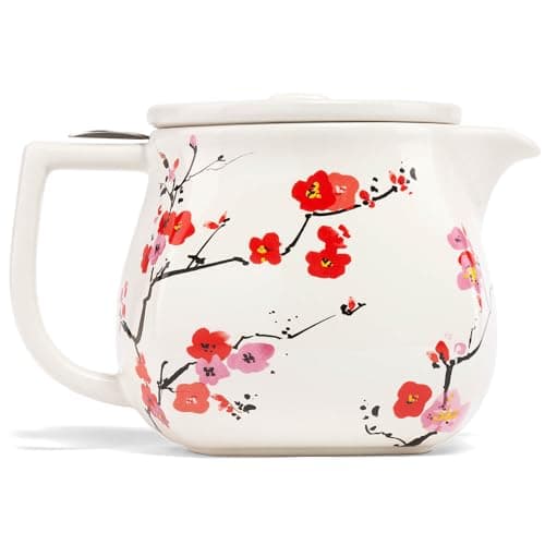 Tea Forte Ceramic Teapot with Removable Stainless Steel Infuser Basket and Lid Steeps 24 oz Loose Leaf Tea Dishwasher Microwave Safe Sakura Cherry Blossom