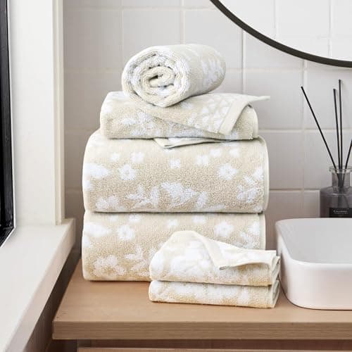 Lucky Brand Folk Floral 6 Piece Bath Towel Set 2 Bath Towels 2 Hand Towels and 2 Washcloths Beige Taupe Premium Bathroom Towel Set