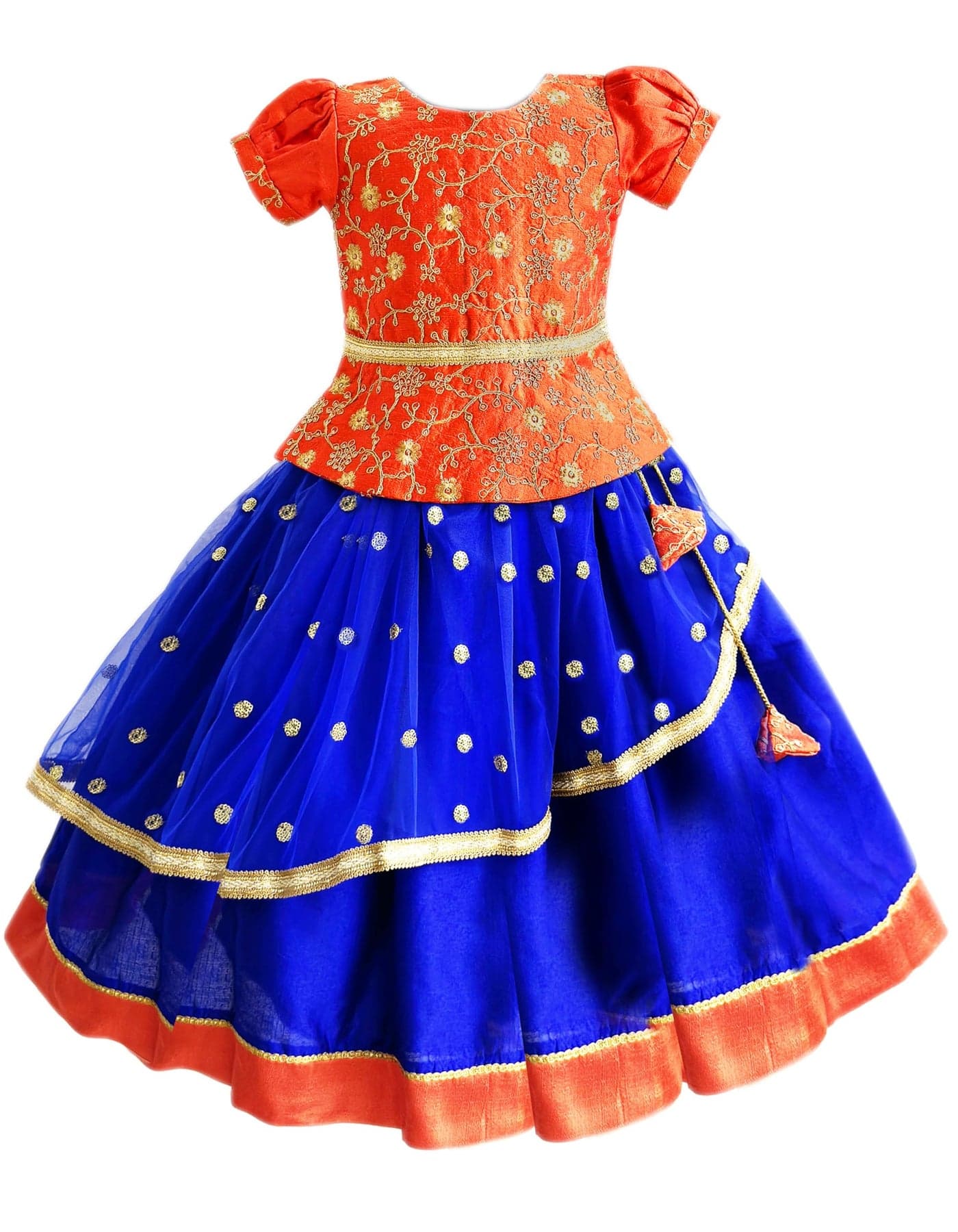 Stanwells Kids Royal Blue & Orange Combo Flared Puff Sleeves Readymade Sequins Embroidery Ethnic Traditional Full-Length South Indian Girls Lehenga Choli Set (2–3 Years)