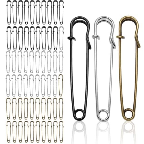 Suiwotin 60pcs Large Safety Pins 3 Inch Blanket Pins Heavy Duty Crafts Safety Pins for Clothes Leather Canvas Shawls Skirts Kilts Black Silver Bronze