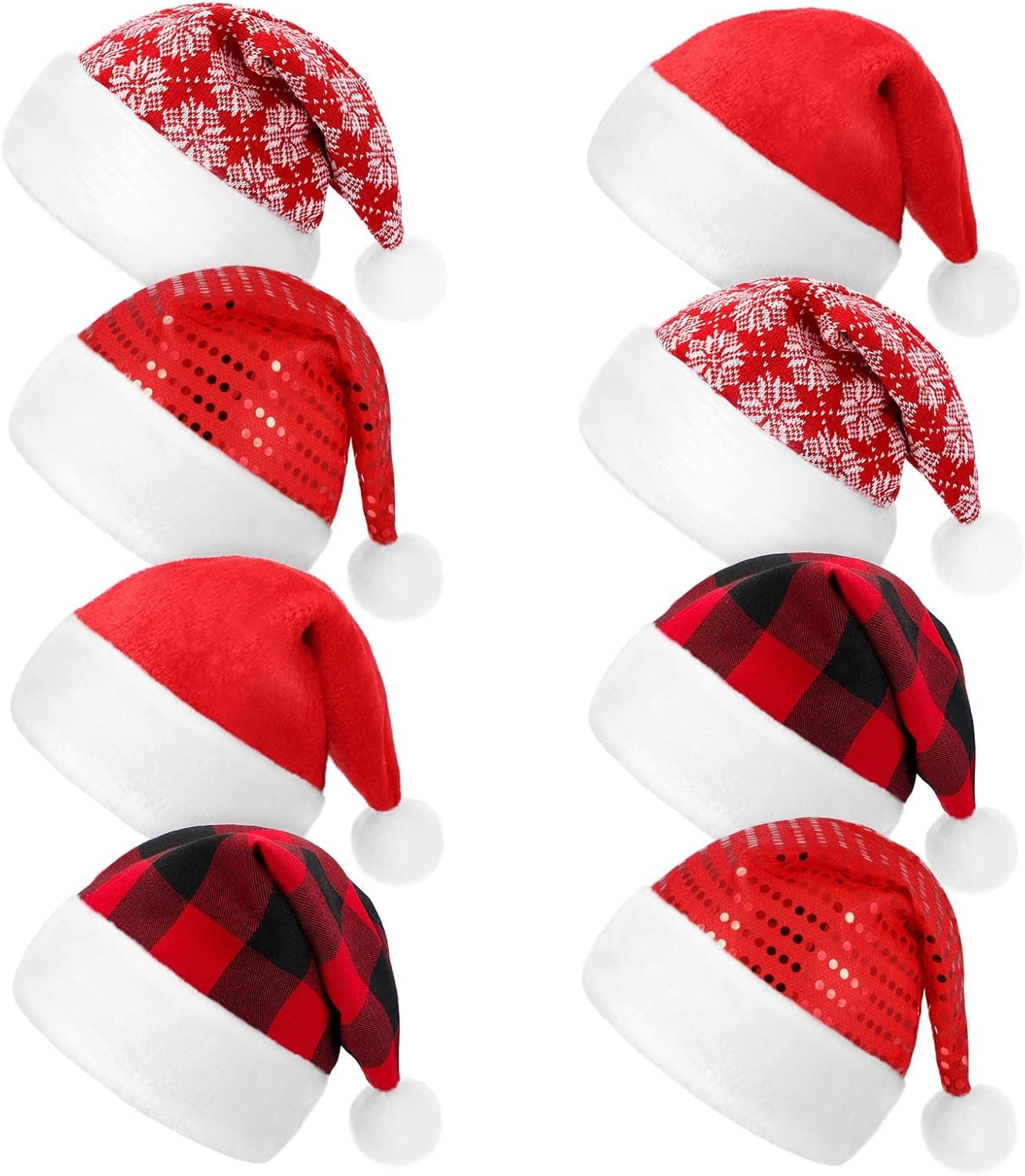 8 Pieces Plush Christmas Santa Hat Red Black Buffalo Plaid Xmas Snowflake Santa Claus Hats for Unisex Adult Children Christmas Costume Party Supplies Holiday Party Favors
