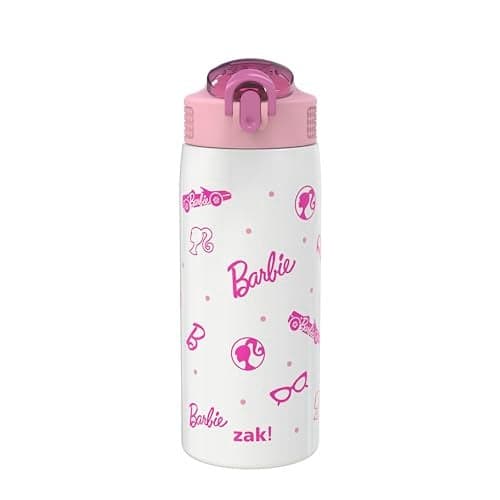 Zak Designs Barbie Porter Water Bottle for Travel and At Home, 19 oz Vacuum Insulated Stainless Steel with Locking Spout Cover, Built-In Carrying Loop, Leak-Proof Design (Barbie)