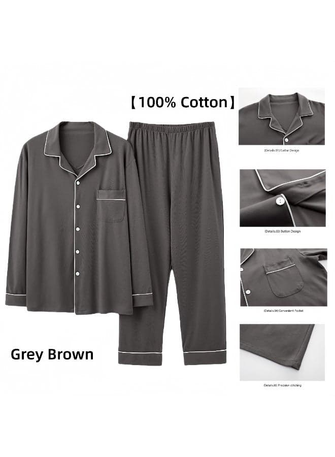 100% Cotton Men's Pajamas, Spring/Autumn Home Wear, Long-Sleeved Cardigan Set, Loose Fit, Plus Size, High-End Home Wear (Gray/Brown)
