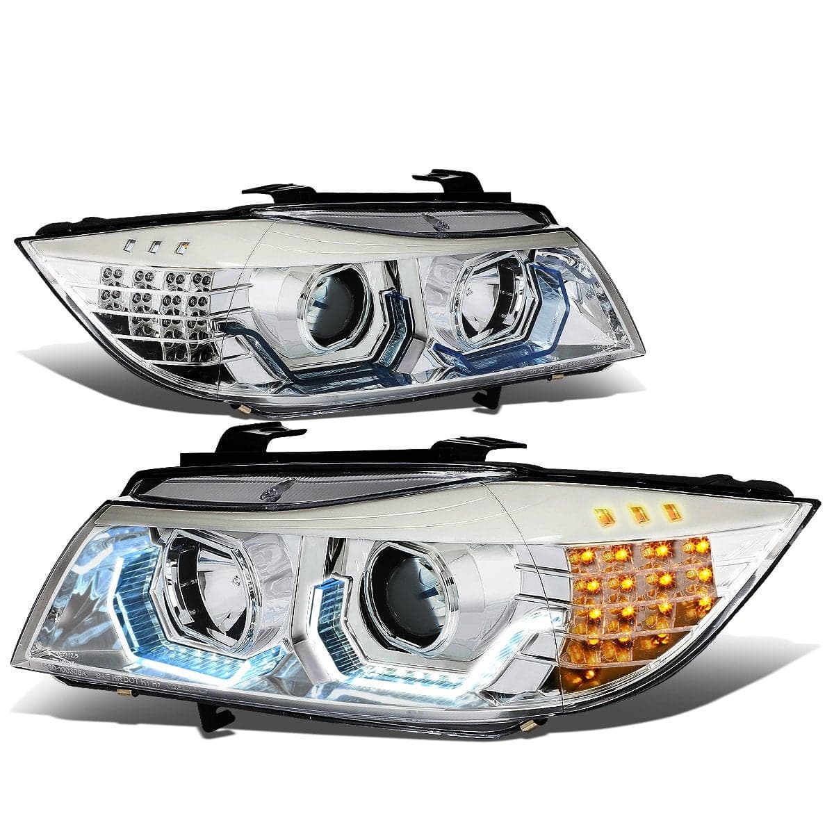 DNA Motoring Chrome Housing/White Halo 3D Angle Eye Projector Headlight for 2006-2008 BMW E90