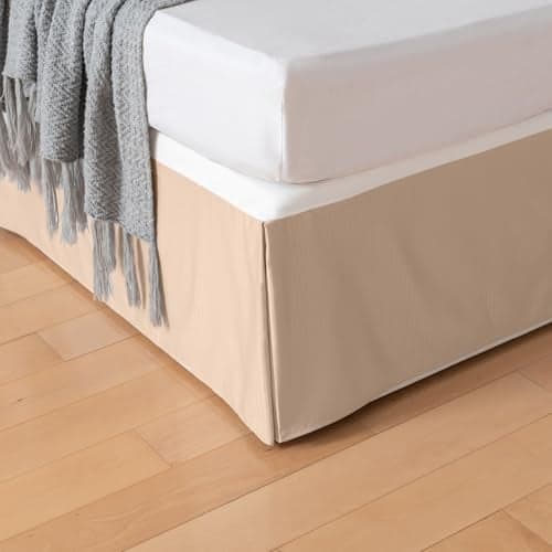 Pleated Bed Skirt Queen Size, Tailored Dust Ruffle 14 Inch Drop Easy Fit, Pleated Grid Plaid Bedskirts, Machine Washable, Anti-Slip, Microfiber, No Split Corners-Beige