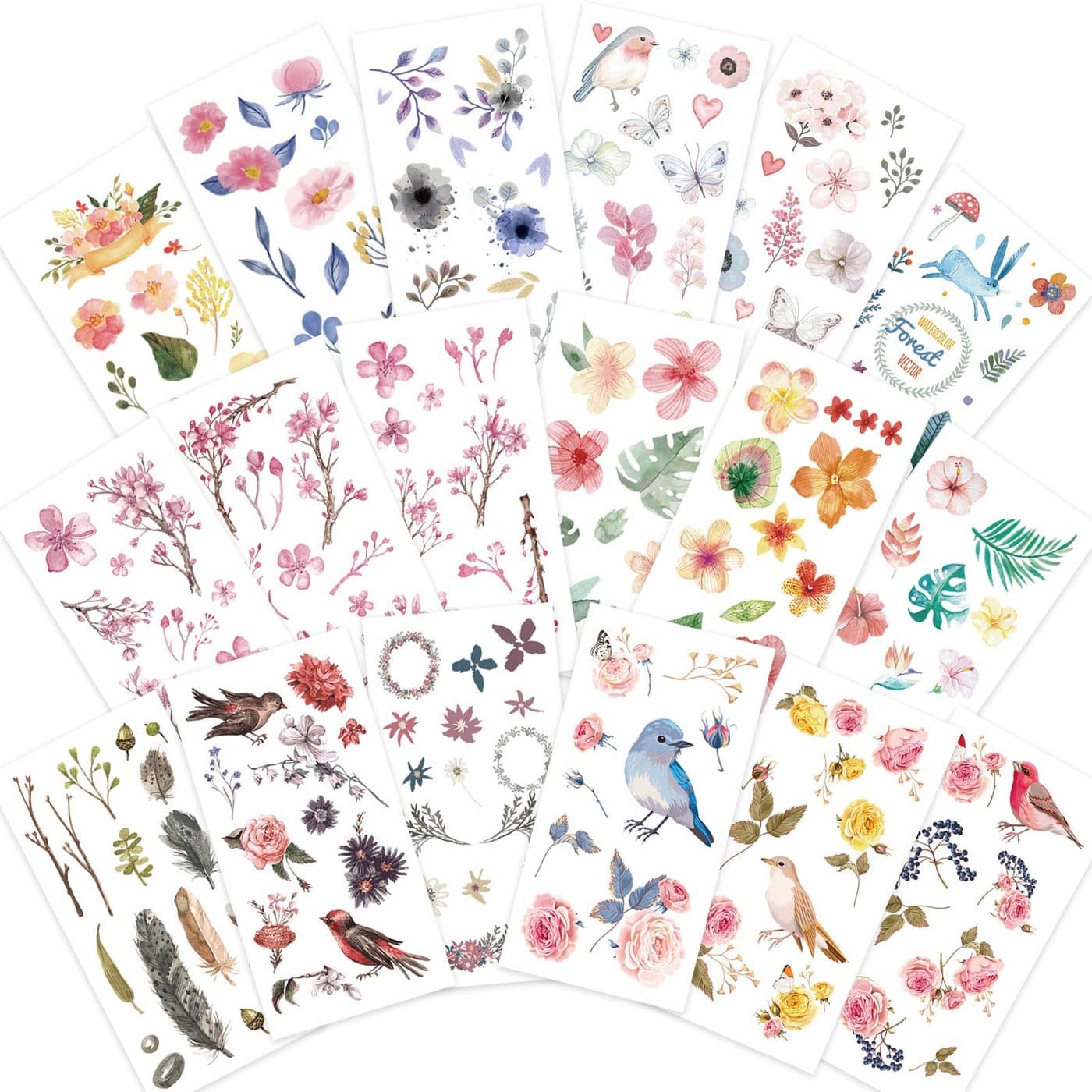 Knaid Watercolor Birds and Flowers Stickers Set Decorative Sticker for Scrapbooking Kid DIY Arts Crafts Album Bullet Journaling Junk Journal Planners Calendars and Notebook