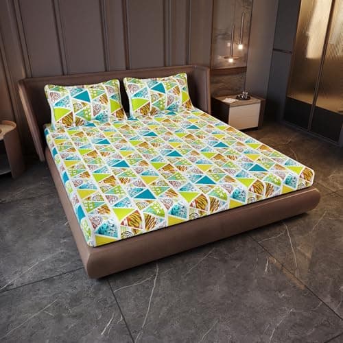 Divine Casa 100% Cotton 144 TC Bedsheet for Double Bed King Size Bedsheet with 2 Pillow Covers (Size:270 X 270 cm, Aqua & Mustard, Abstract)