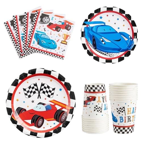 Wernnsai Racing Car Boys' Party Supplies - 64 Pcs Disposable Tableware Kit Includes Paper Luncheon Dinner Dessert Cake Plates Napkins Cups Birthday Party Dinnerware Serves 16 Guests