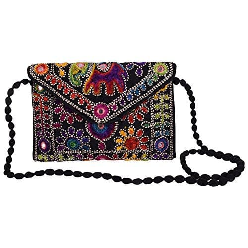 Craft Trade Clutch Bags for Women - Rajasthani Hand Embroidered Mini Crossbody Bag Women's Cluches for Wedding Party Gifts (Multi Black)