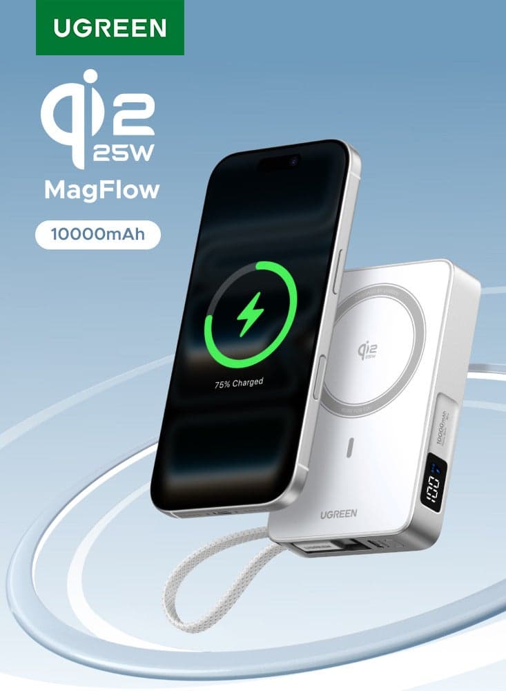 Magflow 10000mAh Qi2 25W Built-in Cable 30W Ultral- Fast Power Bank with Strong Magnetic Attachment, Wireless Portable Charger with 25W Fast Wireless Charging and PD30W Fast Charging, Built-in Type C Cable for Samsung S26/S25 Ultra, iPhone 17/16 Pro Max Series -White 25W With Cable - White