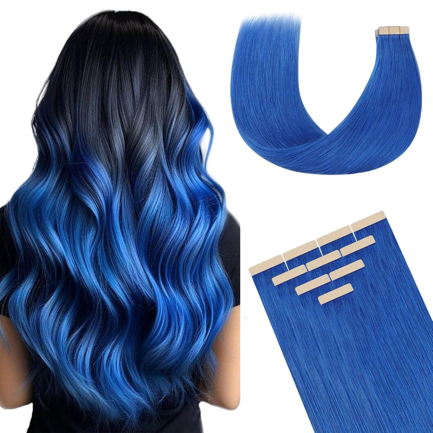 DOORES Tape in Hair Extensions Blue 22 Inch 10pcs 30g Natural Straight Human Hair