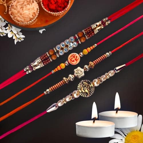 DRYPHON Combo 4 Pack Rakhi for Brother, Bhaiya, Bhai, Bhabhi | Premium Mauli Thread Rakhi Set with Roli Chawal Tilak Set | Rakhi Bracelet for Brother and Bhabhi with Tealight Candle for Aarti (RK402)