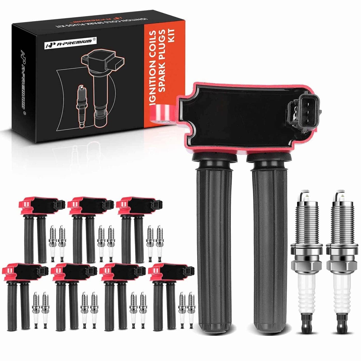 APremium 8x Red Ignition Coil Pack and 16x Iridium Spark Plugs Compatible with Dodge Ram 1500 2500 3500 Durango Challenger Charger Jeep Grand Cherokee Chrysler