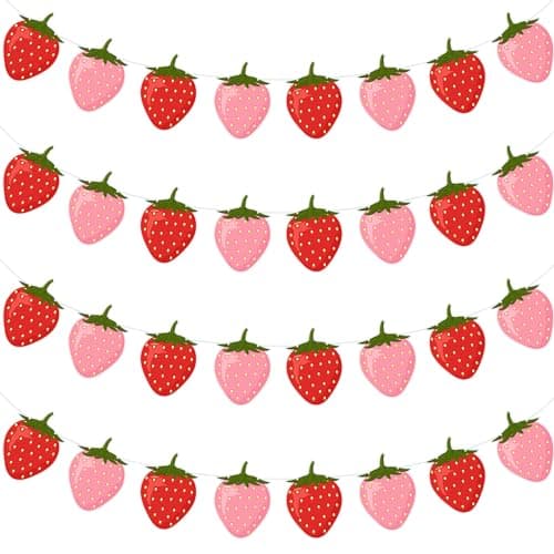 Lewtemi 4 Pcs Berry First Birthday Decor Strawberry Baby Shower Decorations Hanging Banner Berry Garland for Strawberry Themed Party Favors Supplies(Red, Pink)