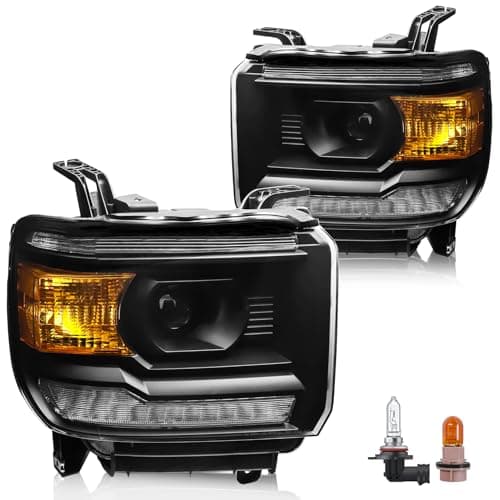 Headlight Assembly with LED DRL Compatible with GMC Sierra 2014-2018 1500 | 2015-2019 2500HD/3500HD Base/Denali/SLE/SLT, Headlamp Replacement with LED DRL, with Bulbs, Black Housing Amber Reflector