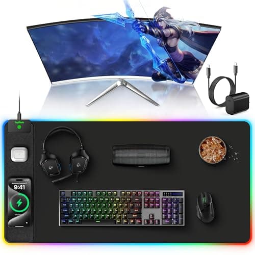 TopMade Wireless Charging Mouse Pad, RGB Gaming Mousepad Home Office Desk Pad, 31.5” x 15.8” XXL Large Desk Mat, Waterproof Keyboard Pad, Black (Includes 20W PD Power Adapter & 6.56ft Woven Cable)