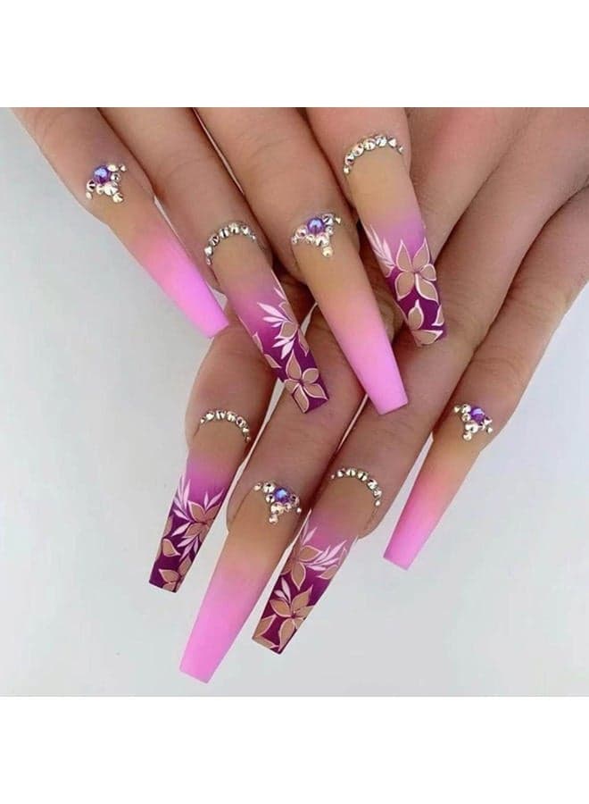 Artificail Extra Long Press on Nails, Rhinestone Pink Fake Nails with Glitter Acrylic Full Cover Fake Nails with Design Nail Tips for Women&Girls, 24PCS