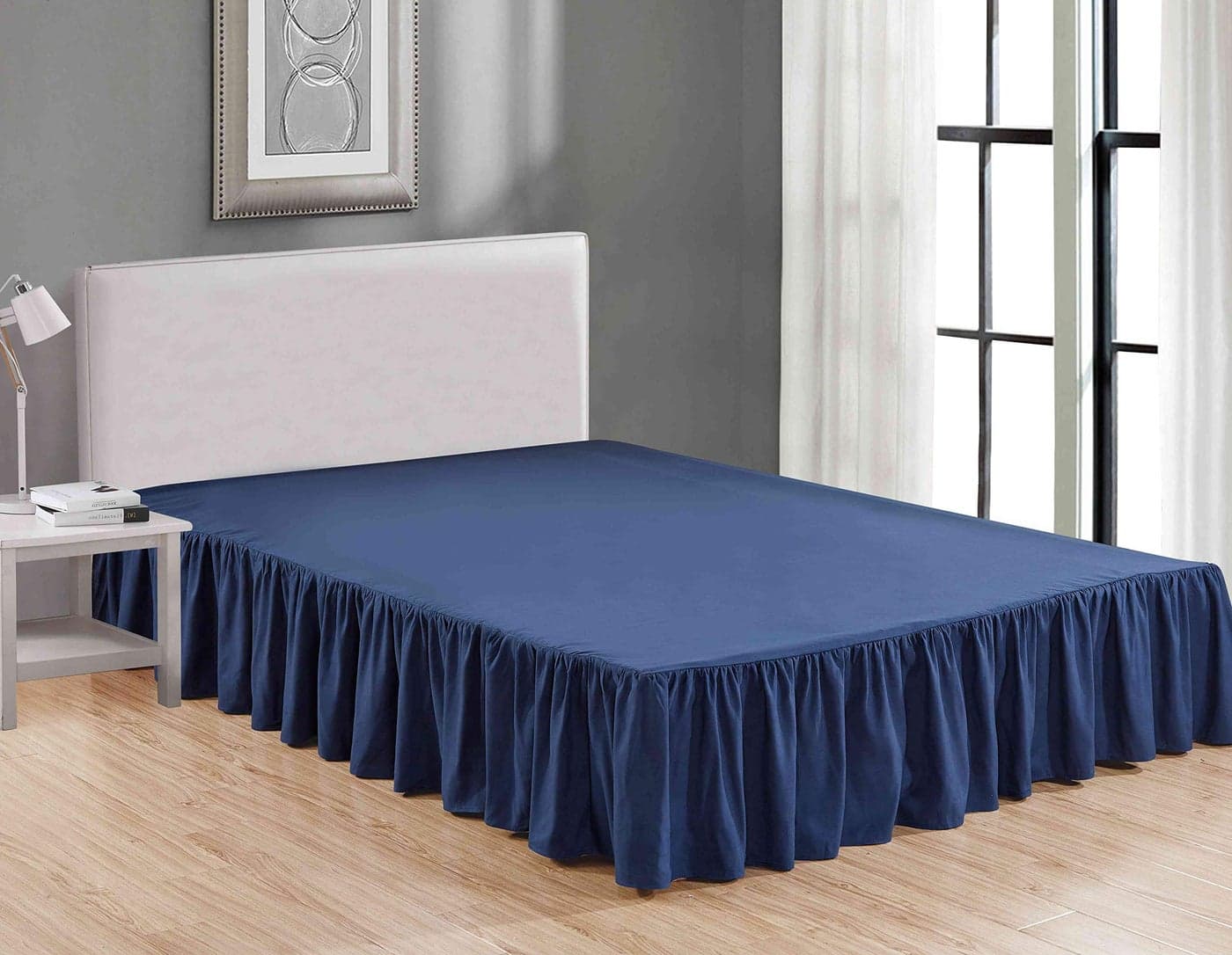 Sheets Beyond Wrap Around Solid Microfiber Luxury Hotel Quality Fabric Bedroom Gathered Ruffled Bedding Bed Skirt 14 Inch Drop Queen Navy