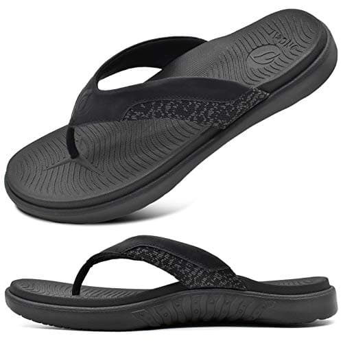 ONCAI Mens Flip Flops, Comfort Orthotic Plantar Fasciitis Beach Sport Athletic Soft Thong Sandals with Yoga Foam Arch Support Black Size 11