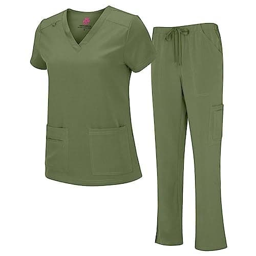 Natural Uniforms Women's Cool Stretch V-Neck Top and Cargo Pant Set (Olive, Medium)