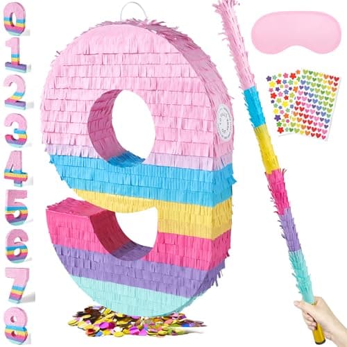 PCFING 20 Inch Number 9 Piata Candy Color with 30 Inch Piata Stick Blindfold Confetti for Boys Girls Adults Birthday Party Decorations Anniversary Celebration Fiesta