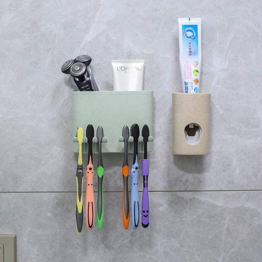 GETHOME Self Adhesive Wall Mounted Toothbrush Holder with Automatic Wall Mounted Toothpaste Dispenser Squeezer 2 Slot for Keeping Cream Lotion Shampoo Shaving Machine with 6 Toothbrush Holder Hook
