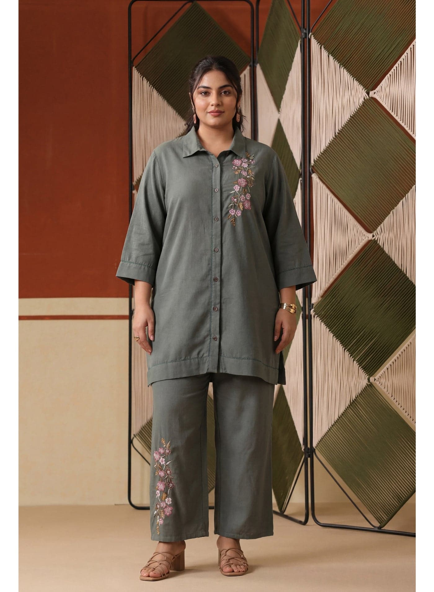 Sage Green Embroidered Rayon Flex Plus Size Co-ord Set with Trouser for Women – Indian Ethnic Wear Kurta Set, Festive & Casual Wear.