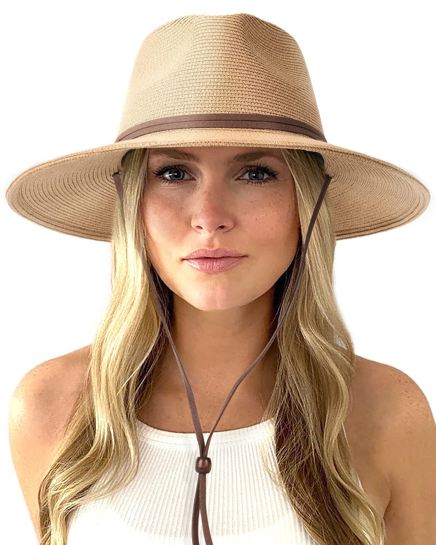FURTALK Womens Summer Straw Sun Hats Wide Brim Panama Fedora Beach Hat with Wind Lanyard UPF 80+ Khaki