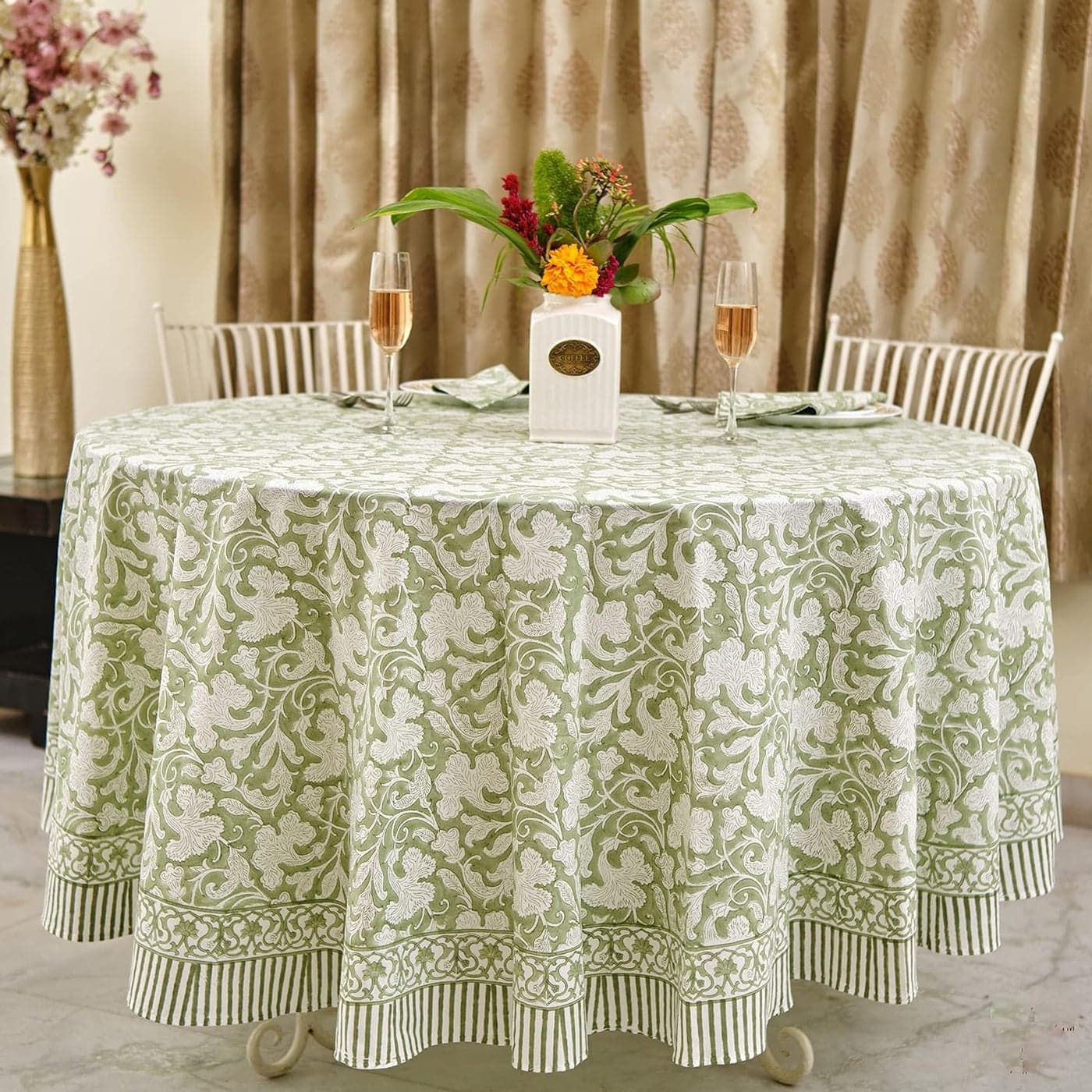 Ridhi Sage Green 100 Cotton Round 110 Tablecloth Hand Block Print Washable Reusable Table Cover Farmhouse Parties Buffet Dining Weddings Country French Easter Summer Fall Spring Thanksgiving