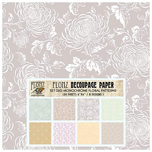 Decoupage Paper Pack (24 Sheets 6"x6") Monochrome Floral Patterns FLONZ Vintage Styled Paper for Decoupage, Craft and Scrapbooking