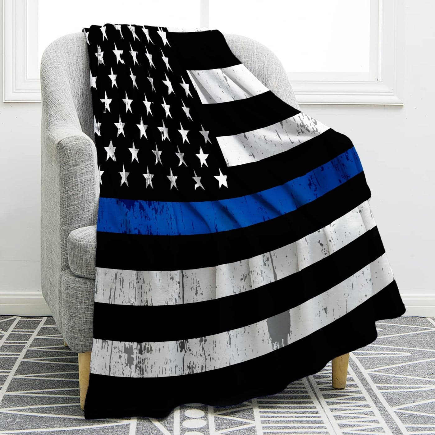 Jekeno Blue Line Police Blanket United States Police Flag Print Gifts for Men Boy Dad Husband Son Adult Home Bedroom Living Room Decor Soft Cozy Lightweight Plush Throw Blankets 50x60