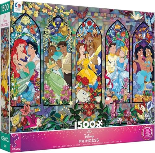 Ceaco Disney Princess Royal Windows Jigsaw Puzzle 1500 Piece Puzzle for Adults Stained GlassStyle Princess Artwork Includes Reference Poster