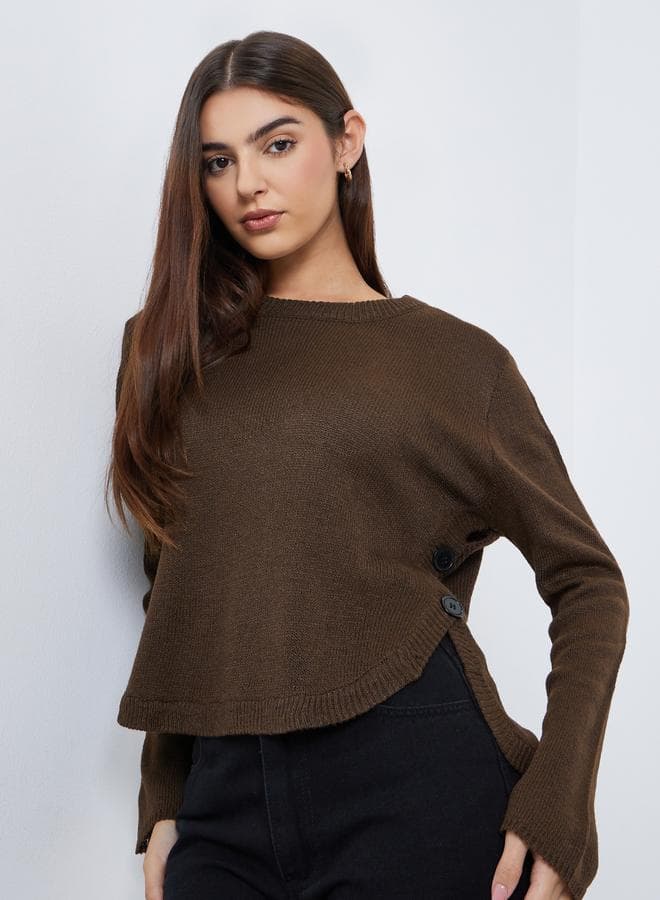 Styli Brown Button Detail Regular Fit Sweater — M
