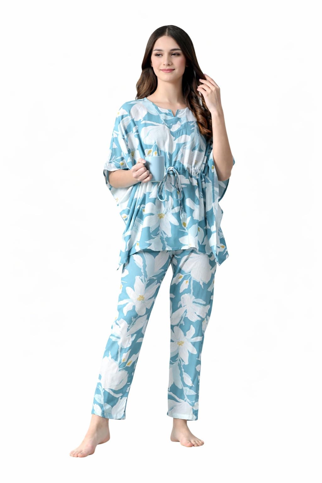 Ichaa Women's Rayon Printed Night Wear Kaftan Top and Trouser Night Suit Set Blue