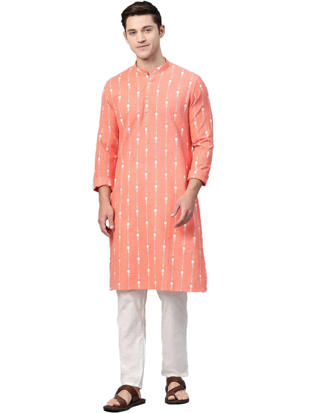 See Designs Mens Kurta |Men Orange Kurta Set Mandarin Collar Long Sleeves | SDKT88801S