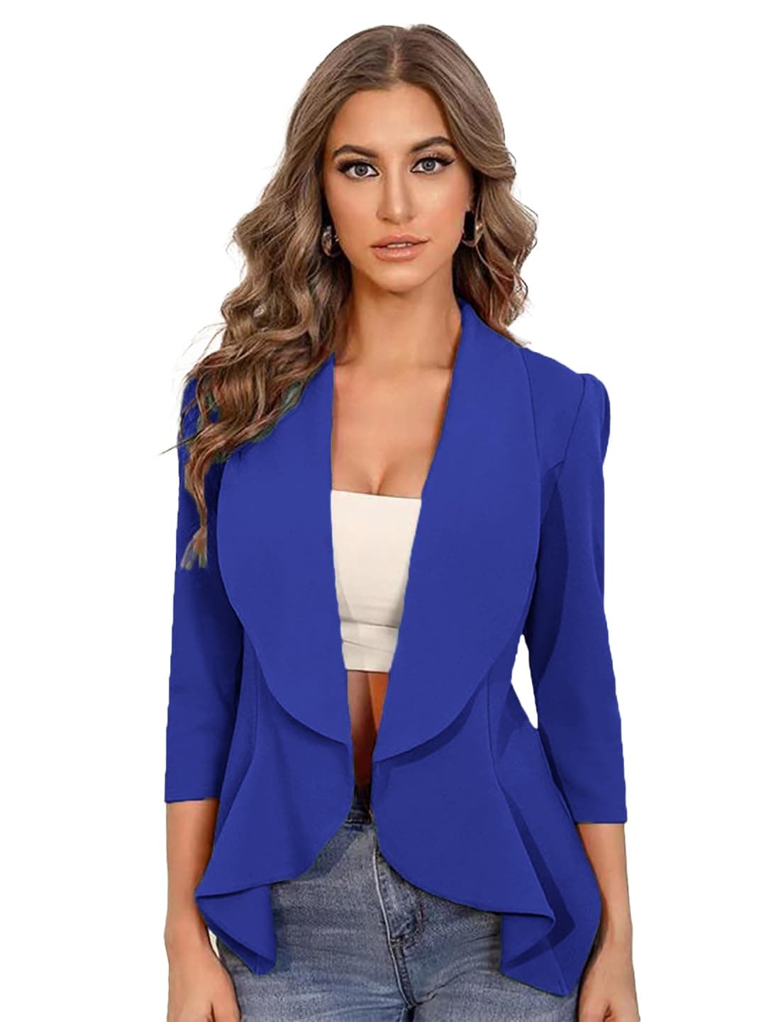 KOTTY Women's Single Breasted Relaxed Fit Shawl Collar 3/4 Sleeve Blazer Royal Blue