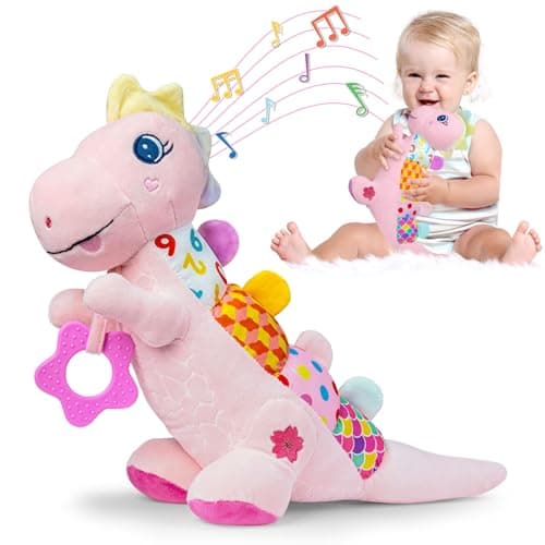 Baby Dino Musical Stuffed Animal Toys for 036912 MonthsInfant Dinosaur Tummy Time Toys with Crinkle Sound PaperTeetherTextures Rattles for Newborn Boys Girls Birthday GiftsPink