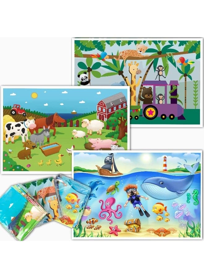 HomeWorthy Klean Kids Disposable Placemats for Baby and Kid's Table - Farm, Sea Life, Zoo Train Animals - Sticky Topper - 60 Pack in 3 Designs