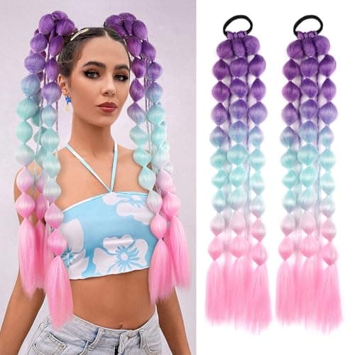 LyoRuSi 2 Pcs 22 Inch Lightweight Bubble Ponytail Extensions Colored Braids Hair Extensions with Hair Tie Crazy Hair Day Festival Rave Accessories for Woman PurpleLight BluePink