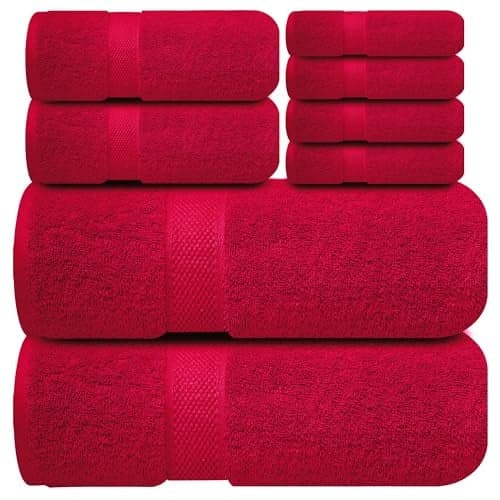 Infinitee Xclusives Luxury 100% Cotton Towel Set – 8 Piece Bathroom Towel Set (2 Bath Towels, 2 Hand Towels, 4 Washcloths) – Soft & Absorbent Towels for Bathroom (Intimate Red)
