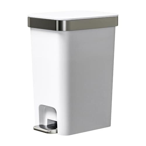 onlcuk Small Bathroom Trash Can with Lid Soft Close, 10 Liter/2.6 Gallon Slim Garbage Can-Metal Step and Press top Lid, Mini Modern Waste Basket for Toilet, Office, Bedroom,Dorm,Grayish-White