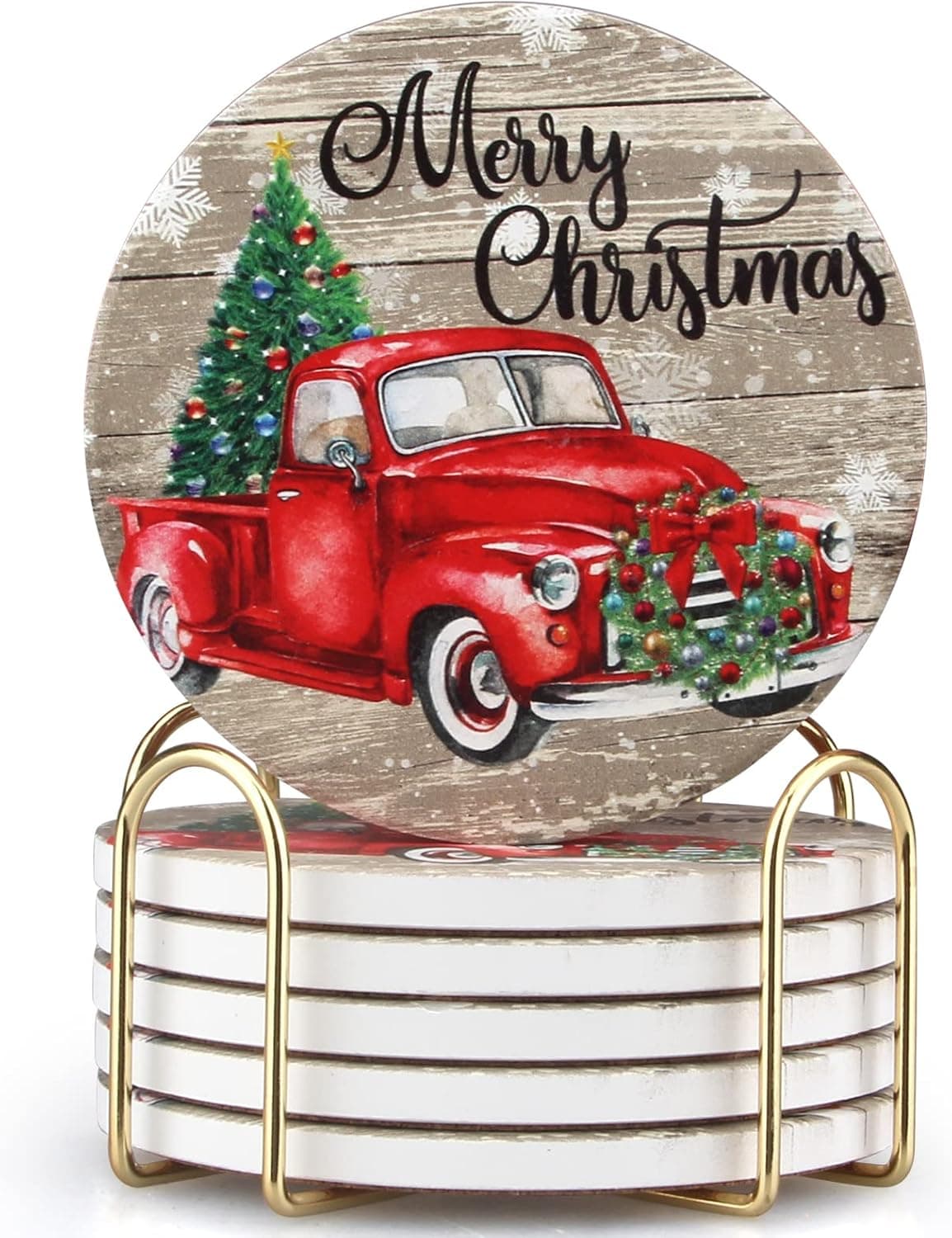 6 Pcs Red Truck Christmas Coasters Set Ceramic Absorbent Round Coasters with Holder