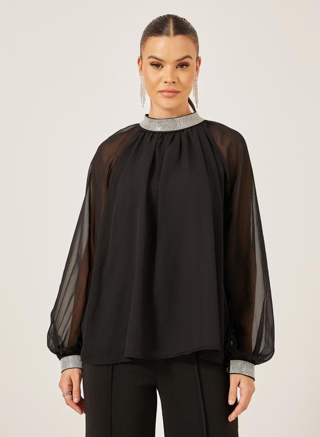 Embellished High Neck Top With Sheer Sleeves